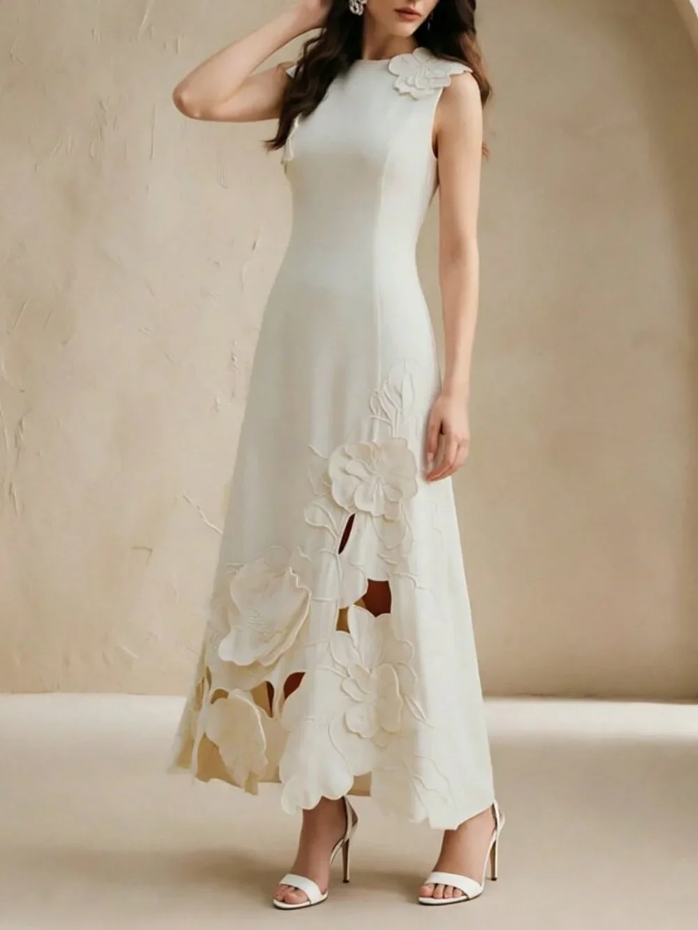 Beige Elegant Women's Hollow Out Embroidered 3d Floral Fitted Sleeveless Dress - Picture 1 of 7